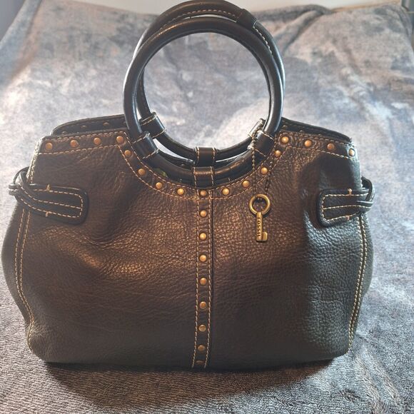 Fossil Round Handle Hand Bag Leather Black Studded Brass Grunge Gothic - Picture 1 of 10